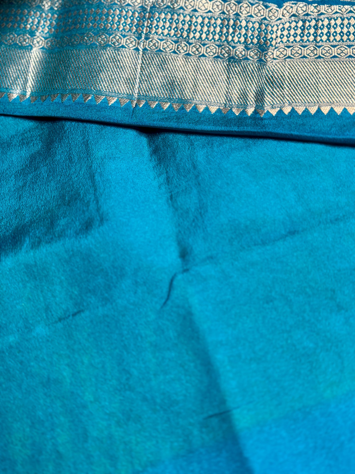 Mustard yellow & Teal blue Jaal pattern Khadi Silk saree