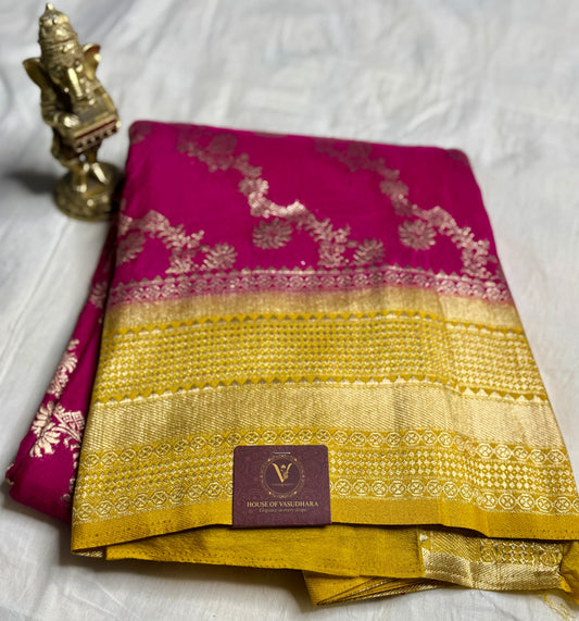 Rani Pink & Mustard yellow Jaal pattern Khadi Silk saree