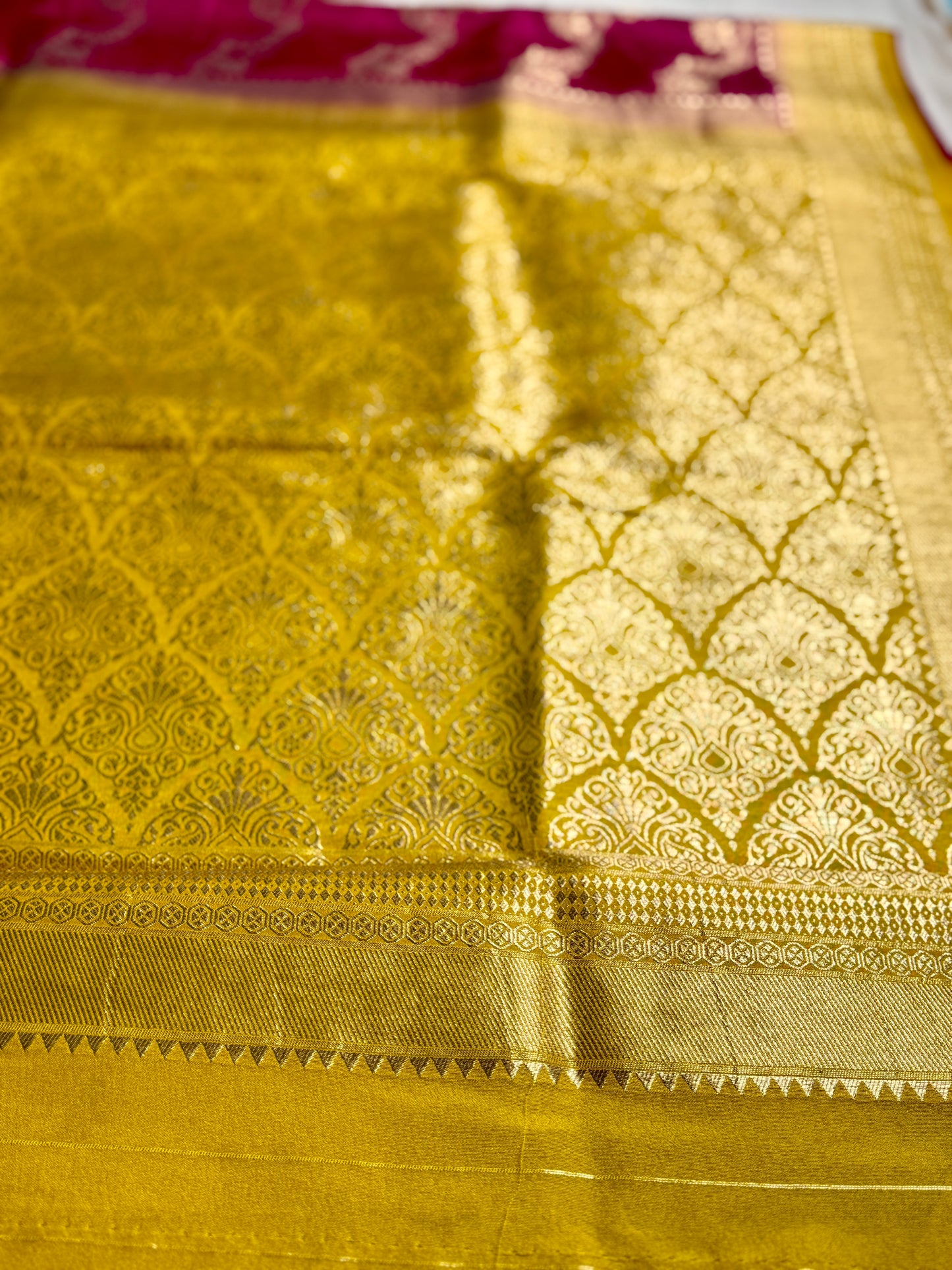 Rani Pink & Mustard yellow Jaal pattern Khadi Silk saree
