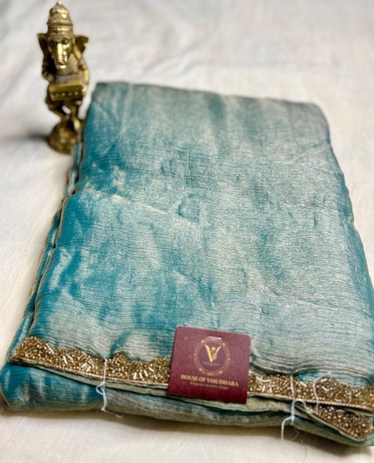 Teal Blue Saree with Embellished Border