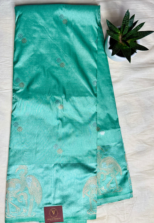 Teal green Satin silk saree with Flamingo Motifs