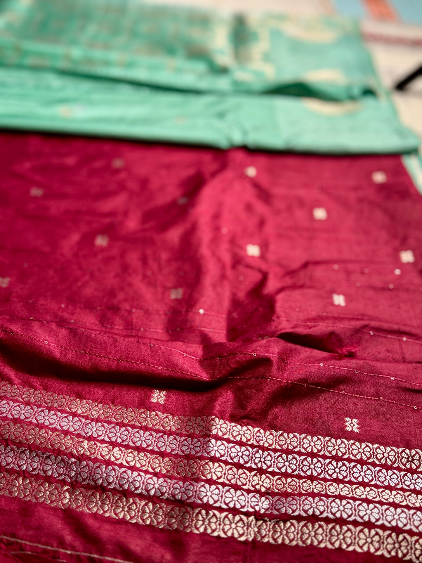 Teal green Satin silk saree with Flamingo Motifs
