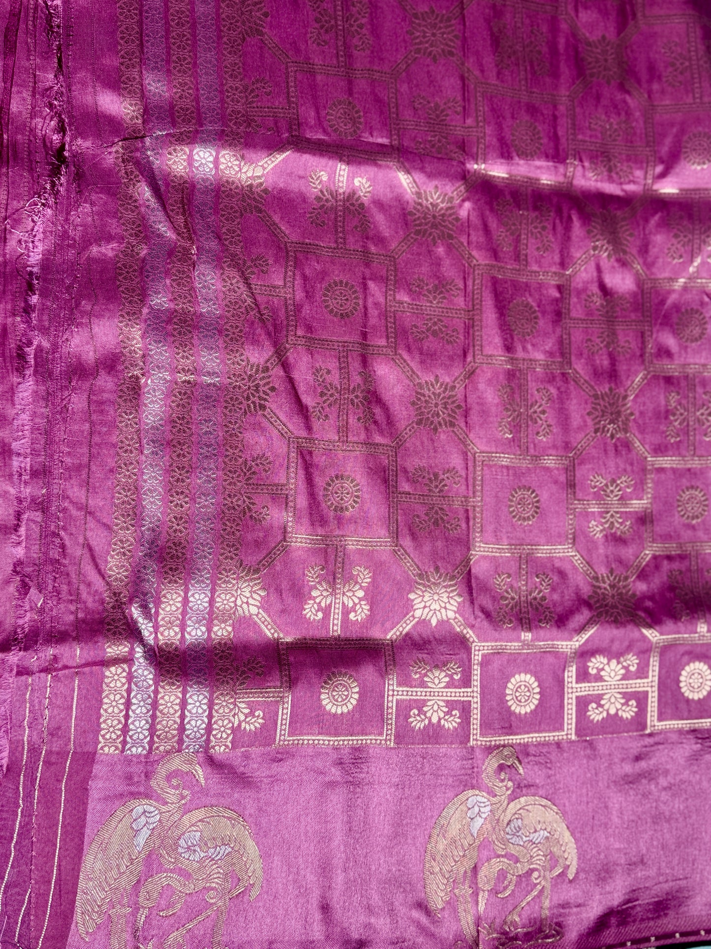 Purple Satin silk saree with Flamingo Motifs