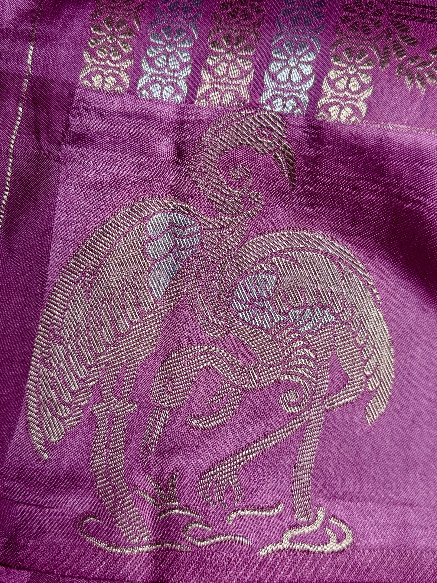 Purple Satin silk saree with Flamingo Motifs