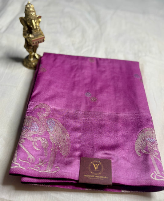 Purple Satin silk saree with Flamingo Motifs