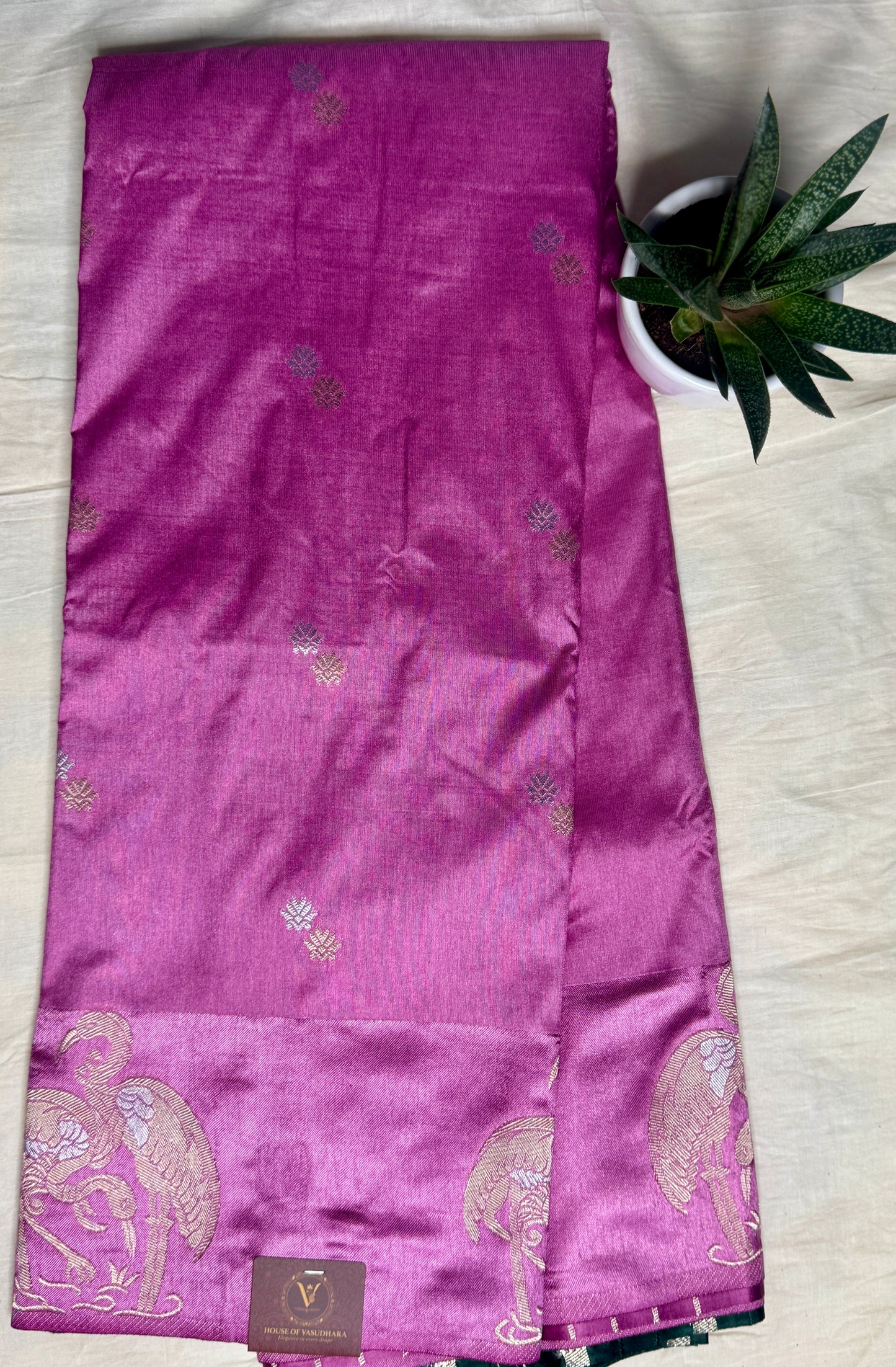 Purple Satin silk saree with Flamingo Motifs