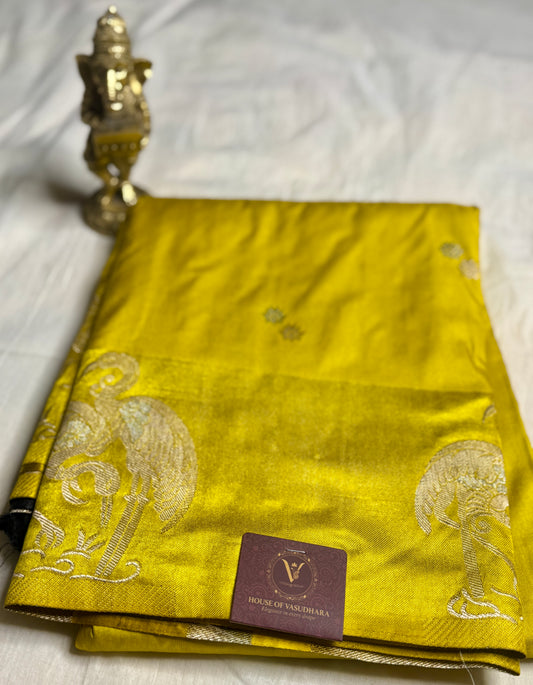 Gold Satin silk saree with Flamingo Border