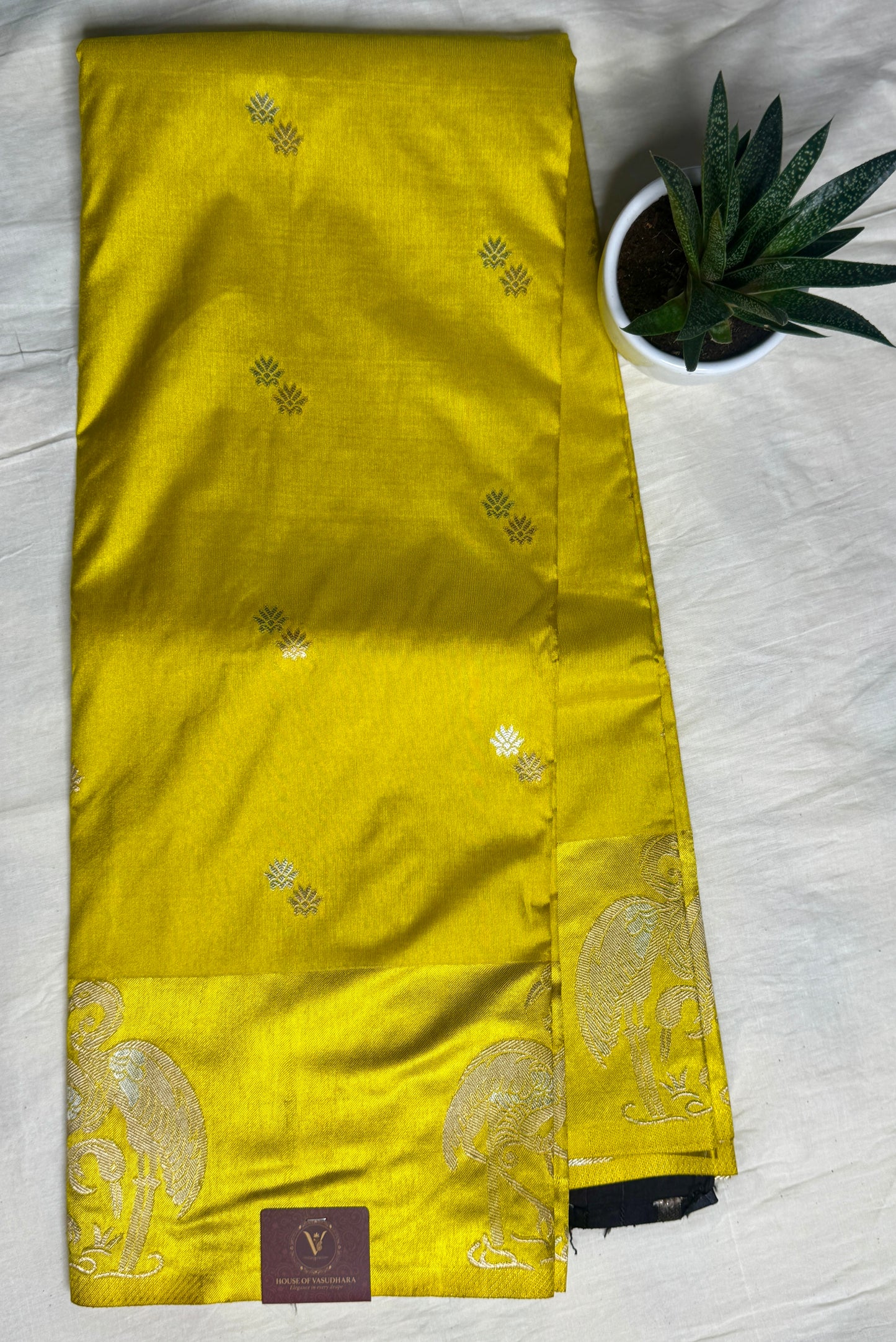 Gold Satin silk saree with Flamingo Border