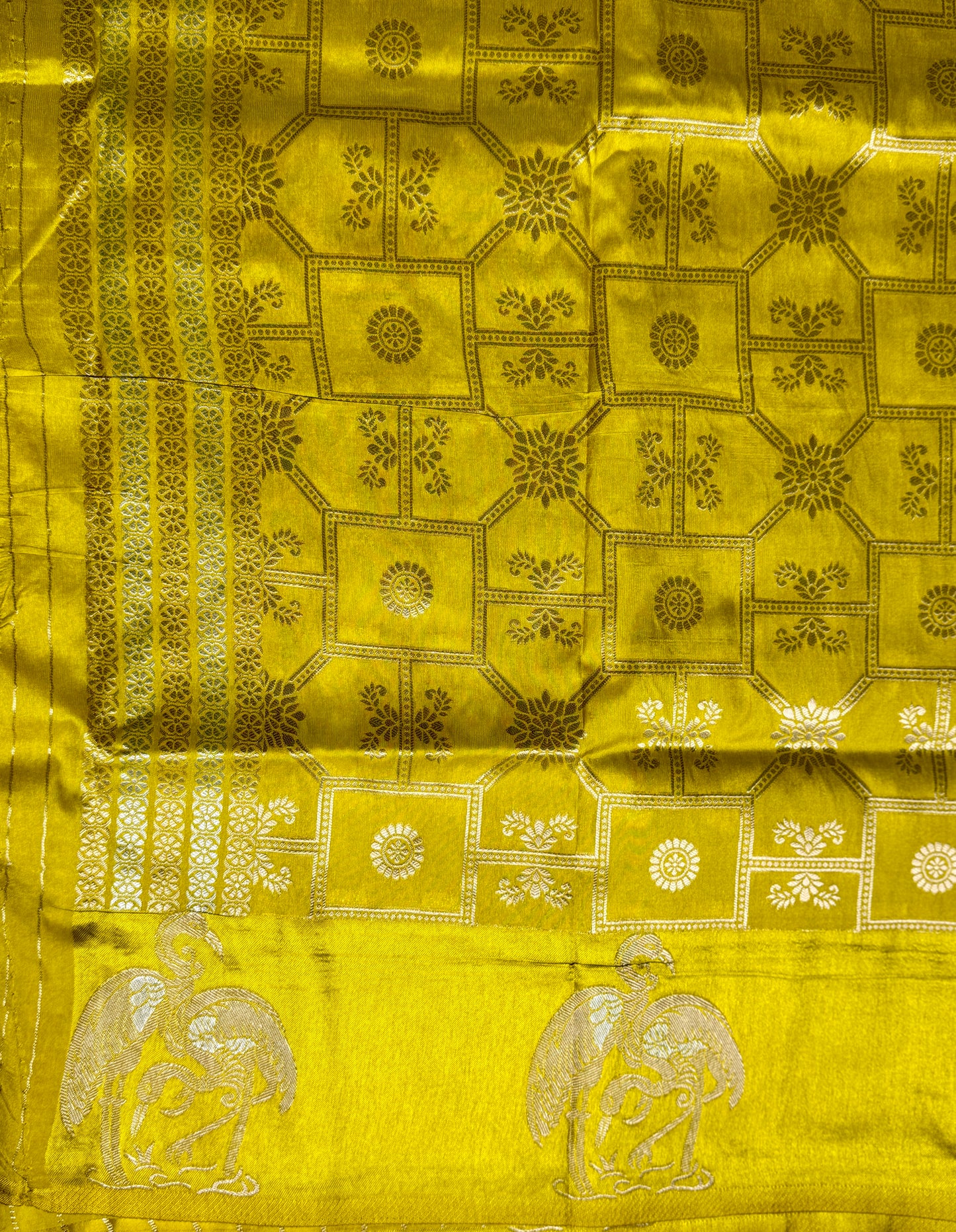 Gold Satin silk saree with Flamingo Border