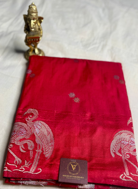 Red Satin silk saree with Flamingo Border