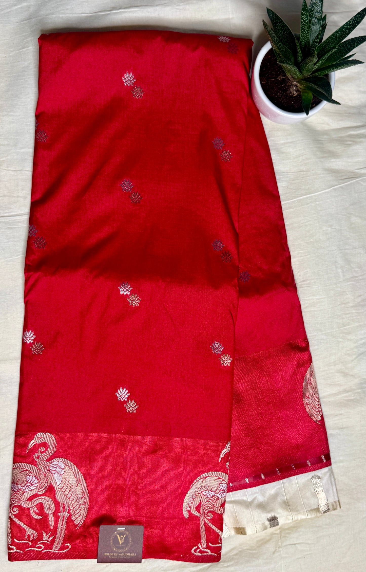 Red Satin silk saree with Flamingo Border