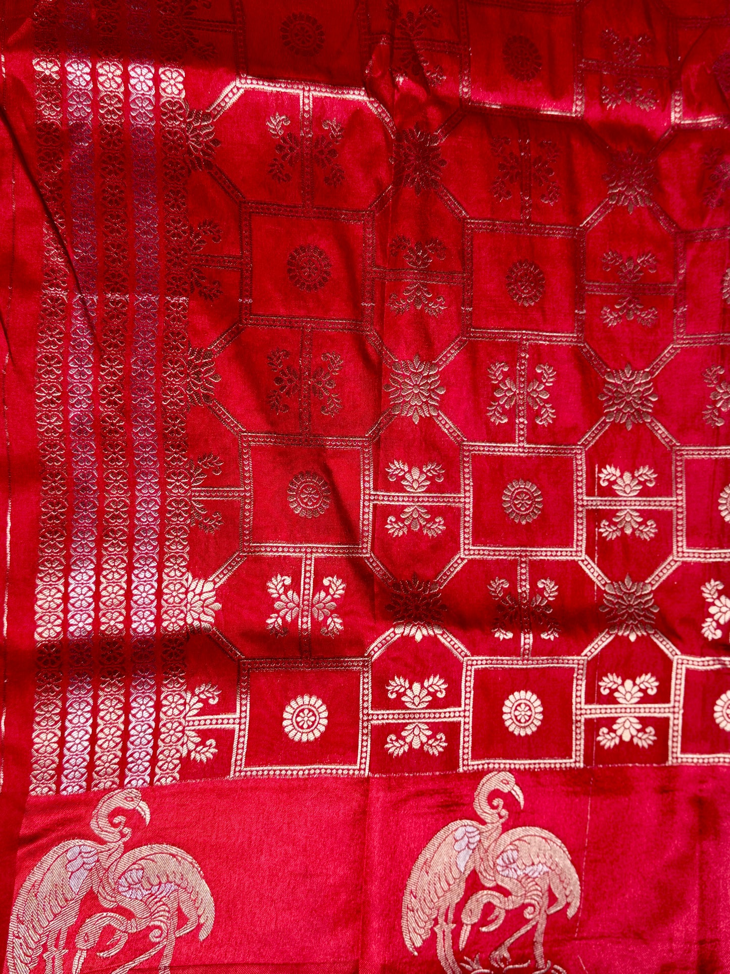 Red Satin silk saree with Flamingo Border