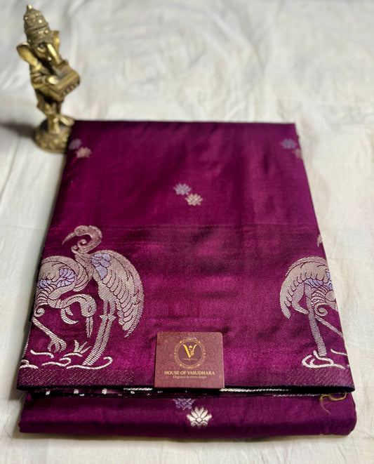 Magenta Satin silk saree with Flamingo border