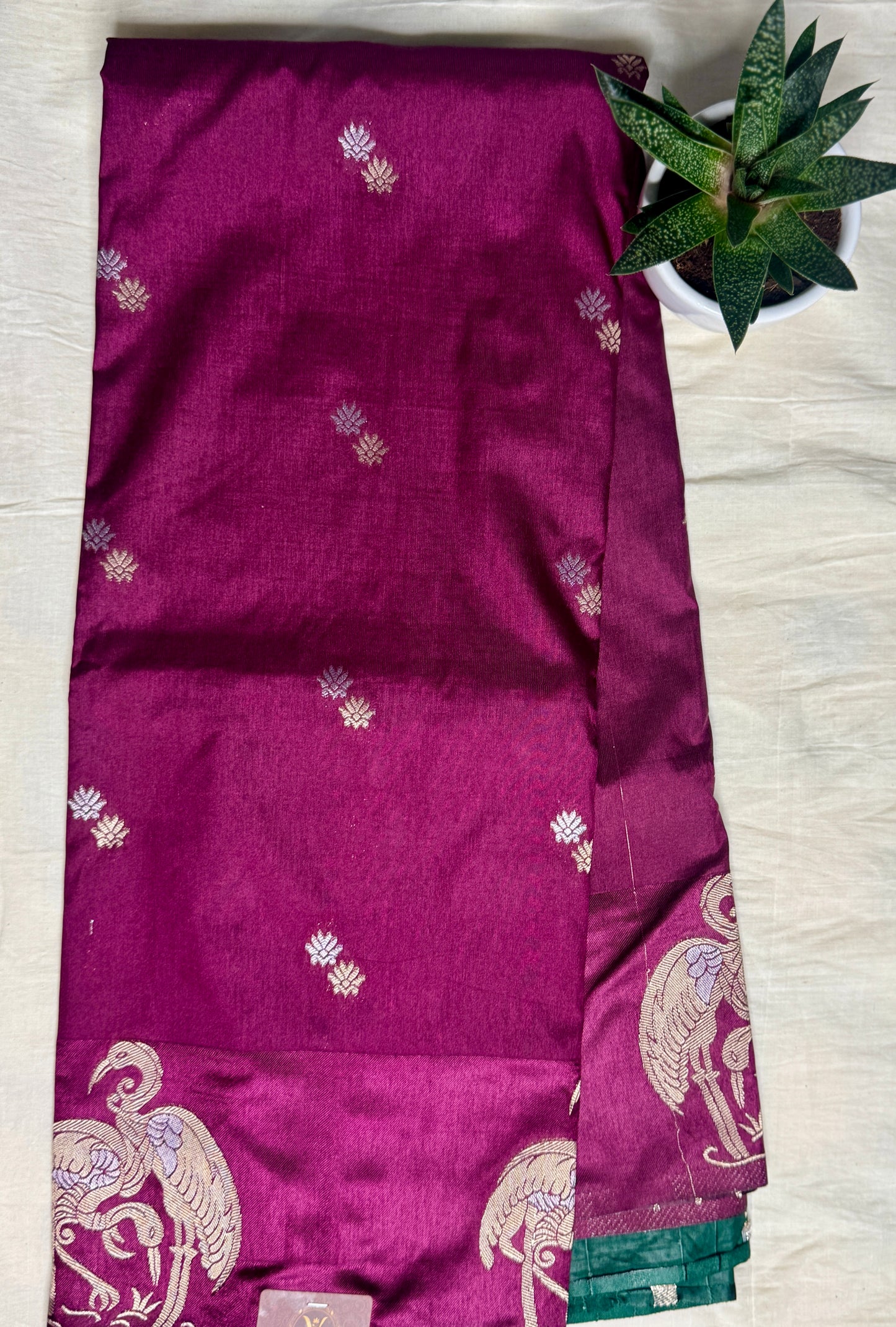 Magenta Satin silk saree with Flamingo border