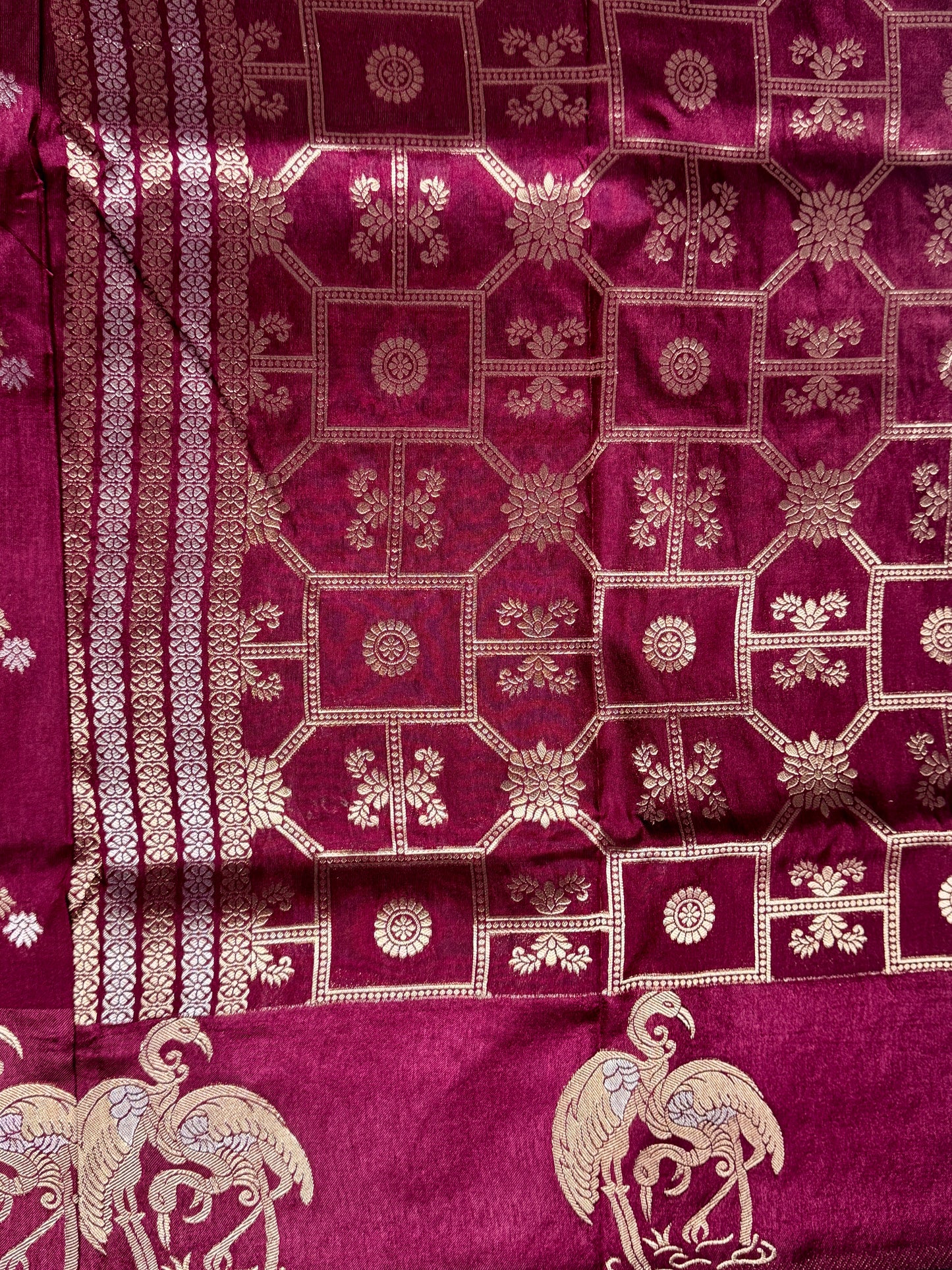 Magenta Satin silk saree with Flamingo border