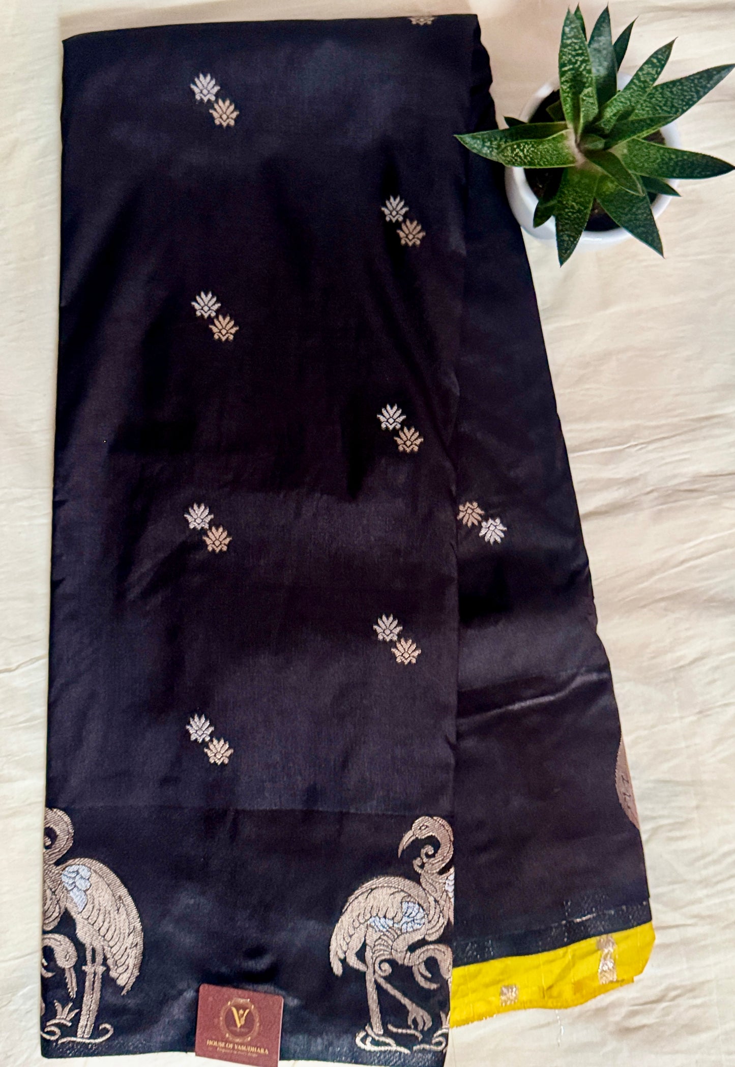 Black Satin silk saree with Flamingo Border
