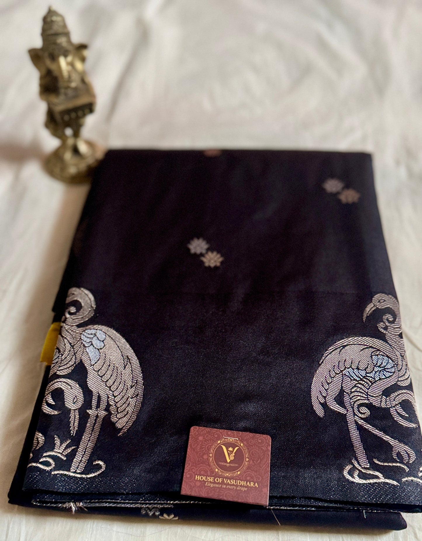 Black Satin silk saree with Flamingo Border
