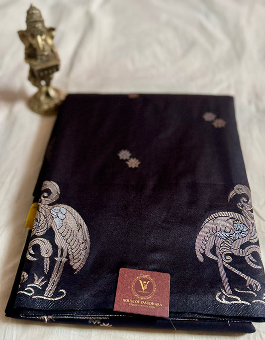 Black Satin silk saree with Flamingo Border