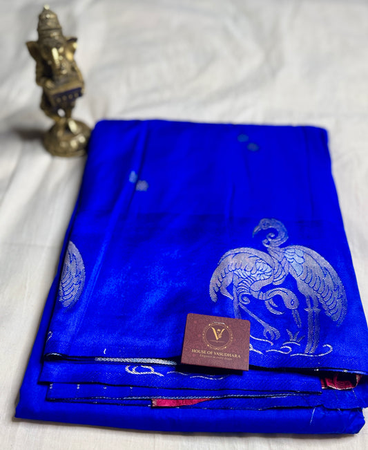 Royal Blue Satin silk saree with Flamingo Border