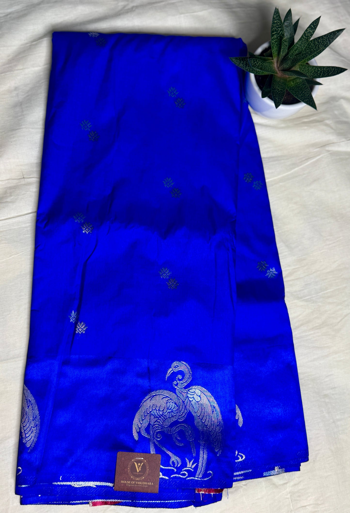 Royal Blue Satin silk saree with Flamingo Border