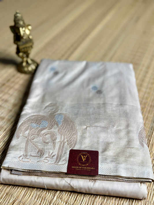 Off white Satin silk saree with Flamingo Border