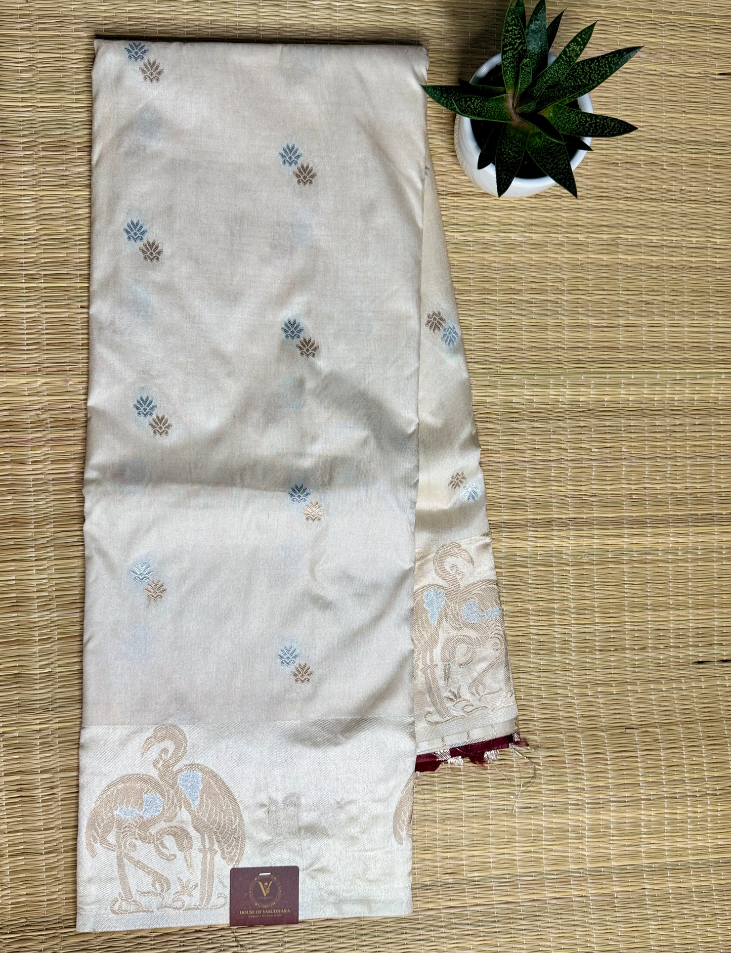 Off white Satin silk saree with Flamingo Border