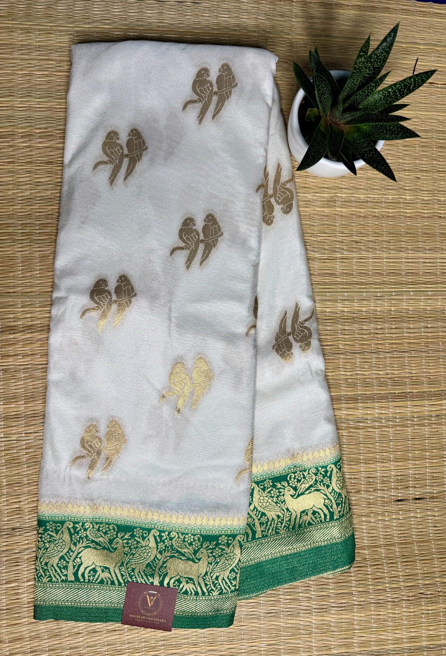 White & Green  Khadi Silk saree