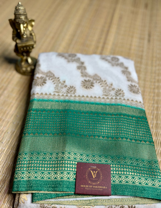 White & Green Jaal pattern Khadi Banarasi Silk saree