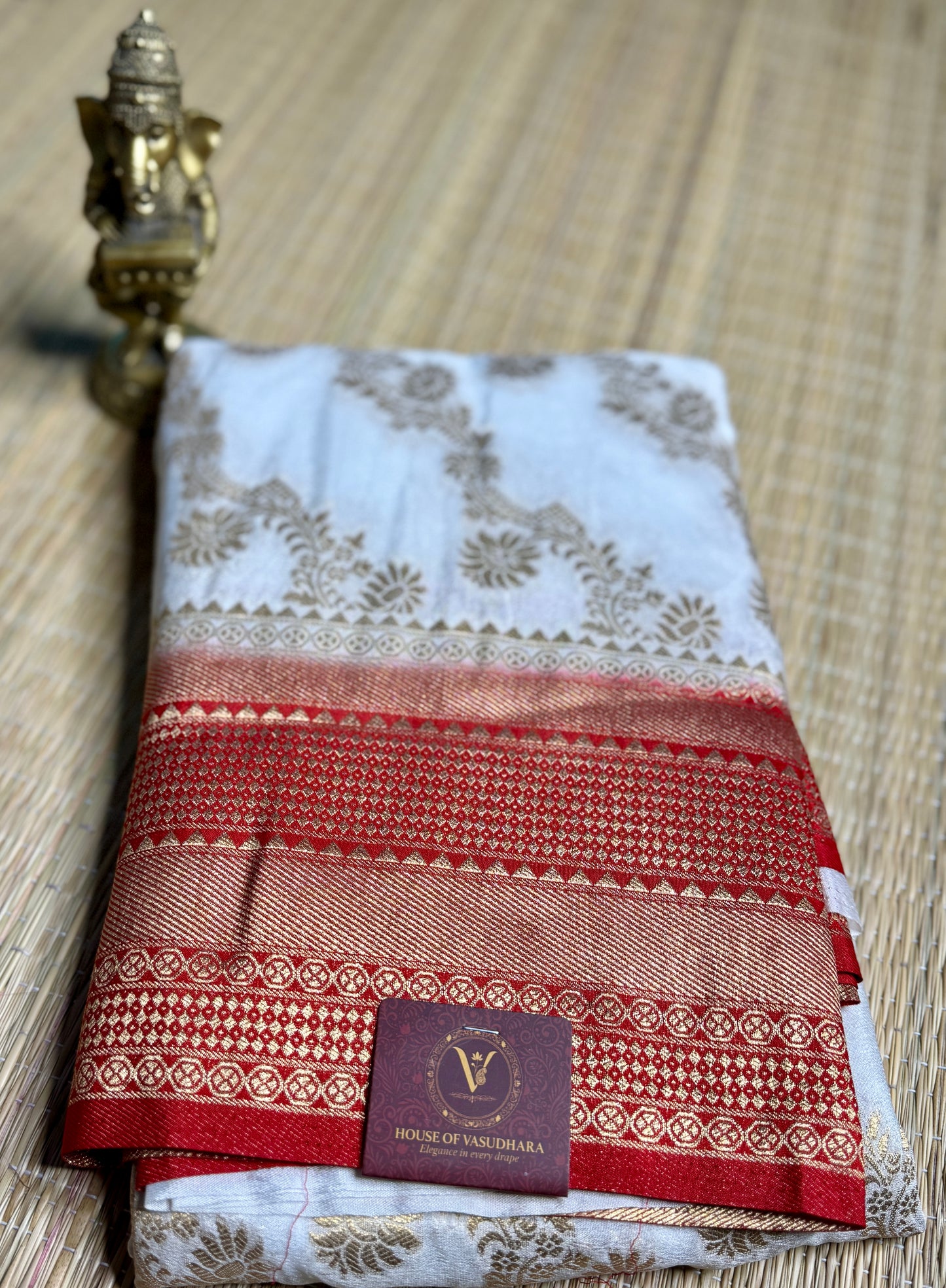 White & Red Jaal pattern Khadi Silk saree