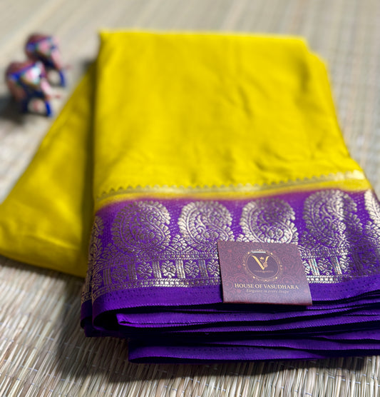 Mustard yellow & Purple contrast Semi Mysore silk crepe