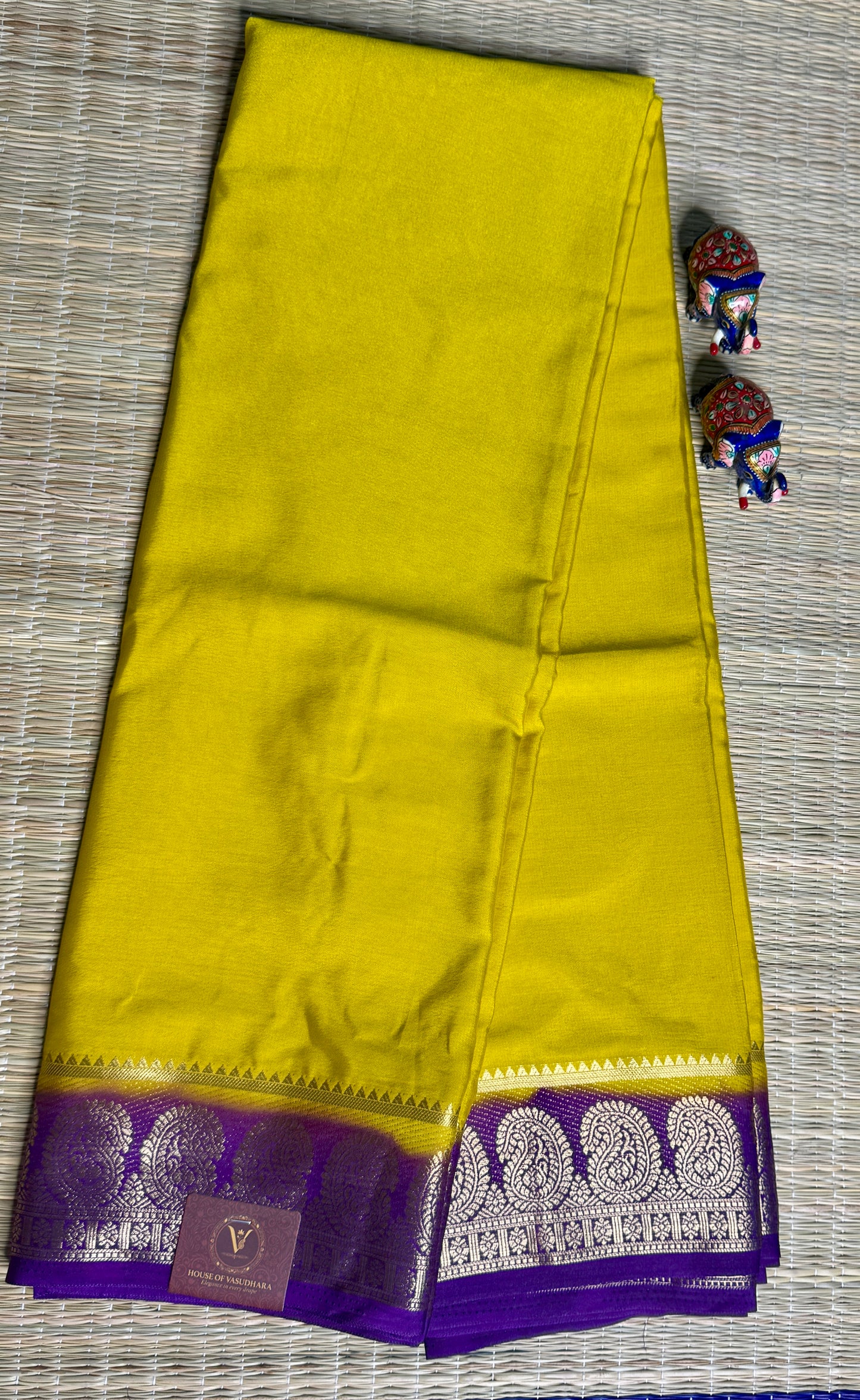 Mustard yellow & Purple contrast Semi Mysore silk crepe
