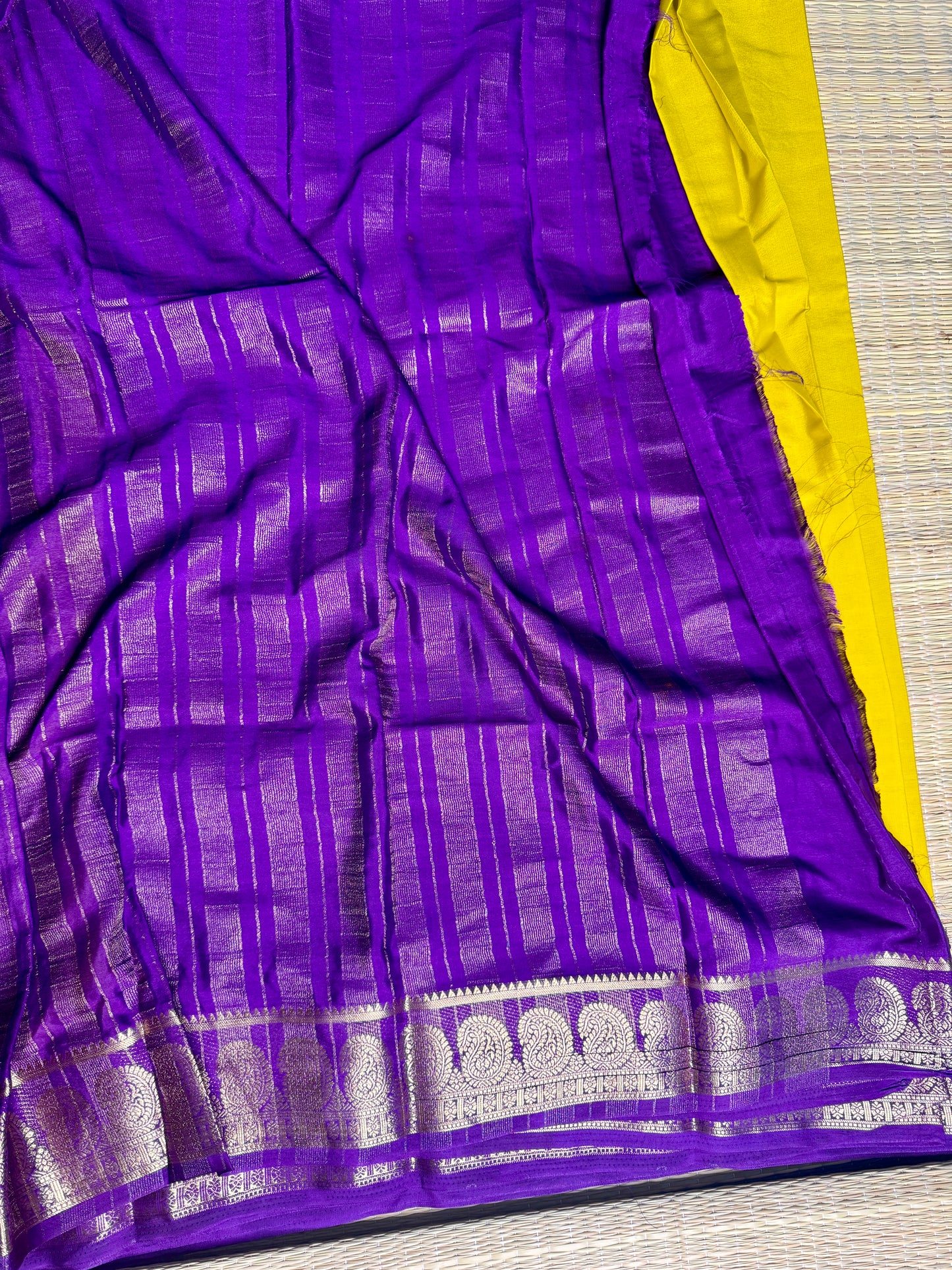 Mustard yellow & Purple contrast Semi Mysore silk crepe
