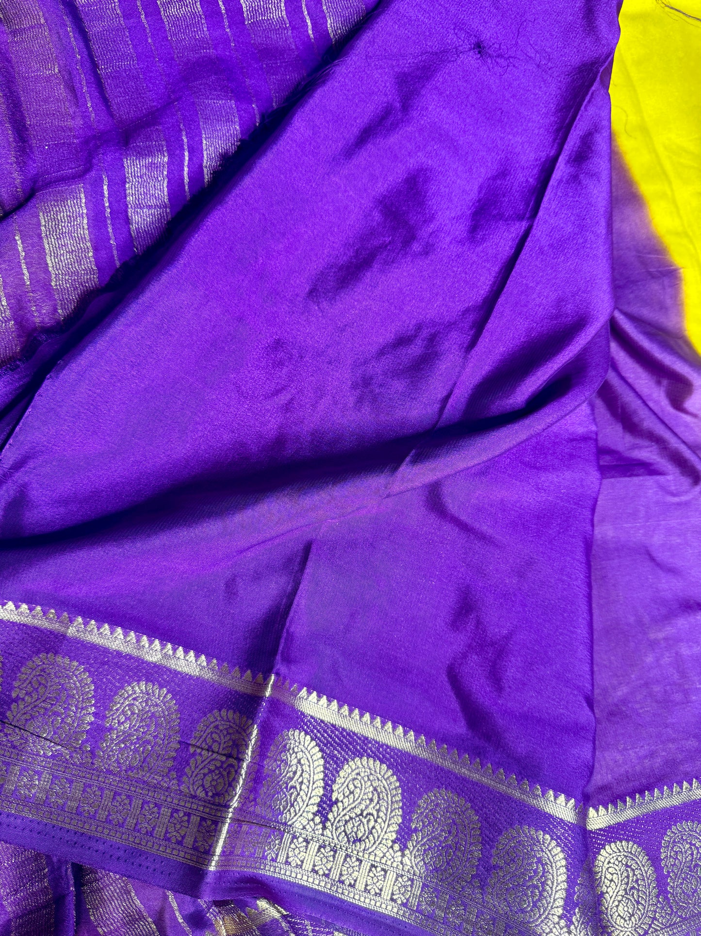 Mustard yellow & Purple contrast Semi Mysore silk crepe