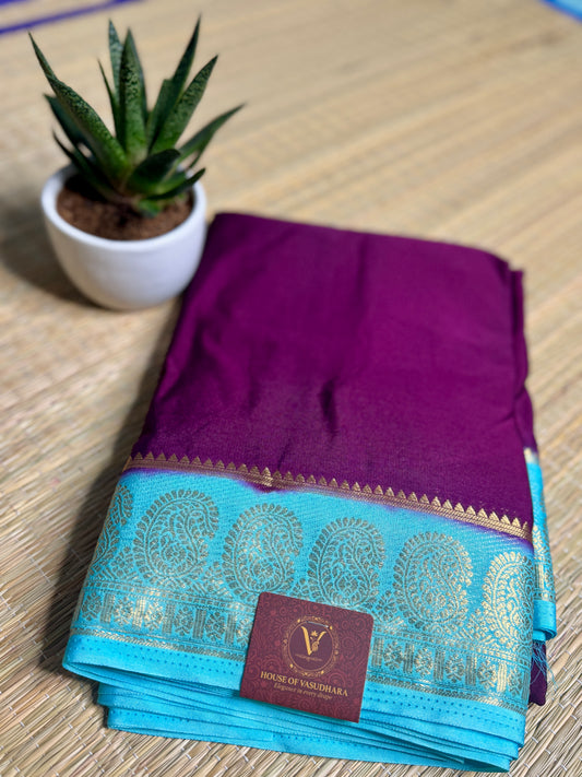 Magenta & Turquoise blue contrast Semi Mysore silk crepe