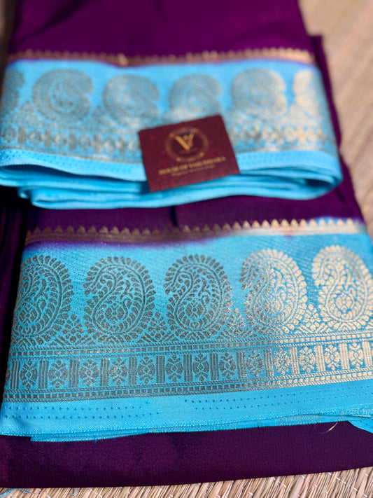 Magenta & Turquoise blue contrast Semi Mysore silk crepe