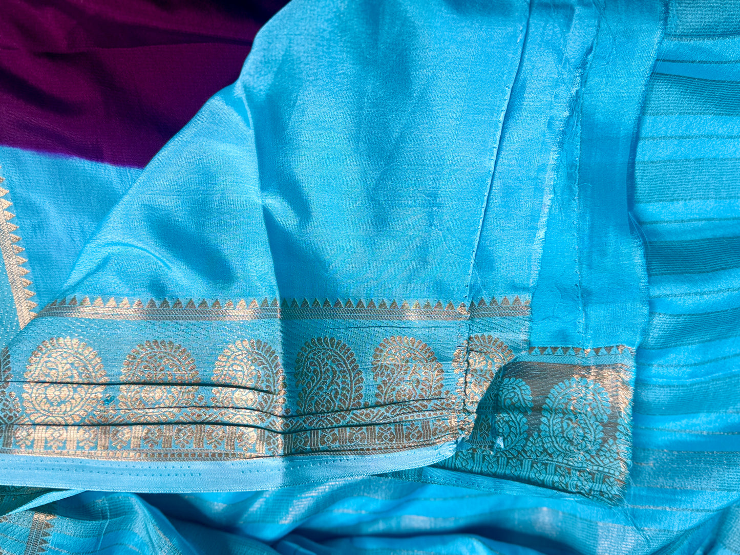 Magenta & Turquoise blue contrast Semi Mysore silk crepe