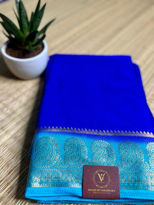 Royal blue & Turquoise blue contrast Semi Mysore silk crepe