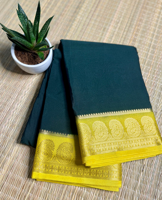 Bottle Green & Mustard yellow contrast Semi Mysore silk crepe