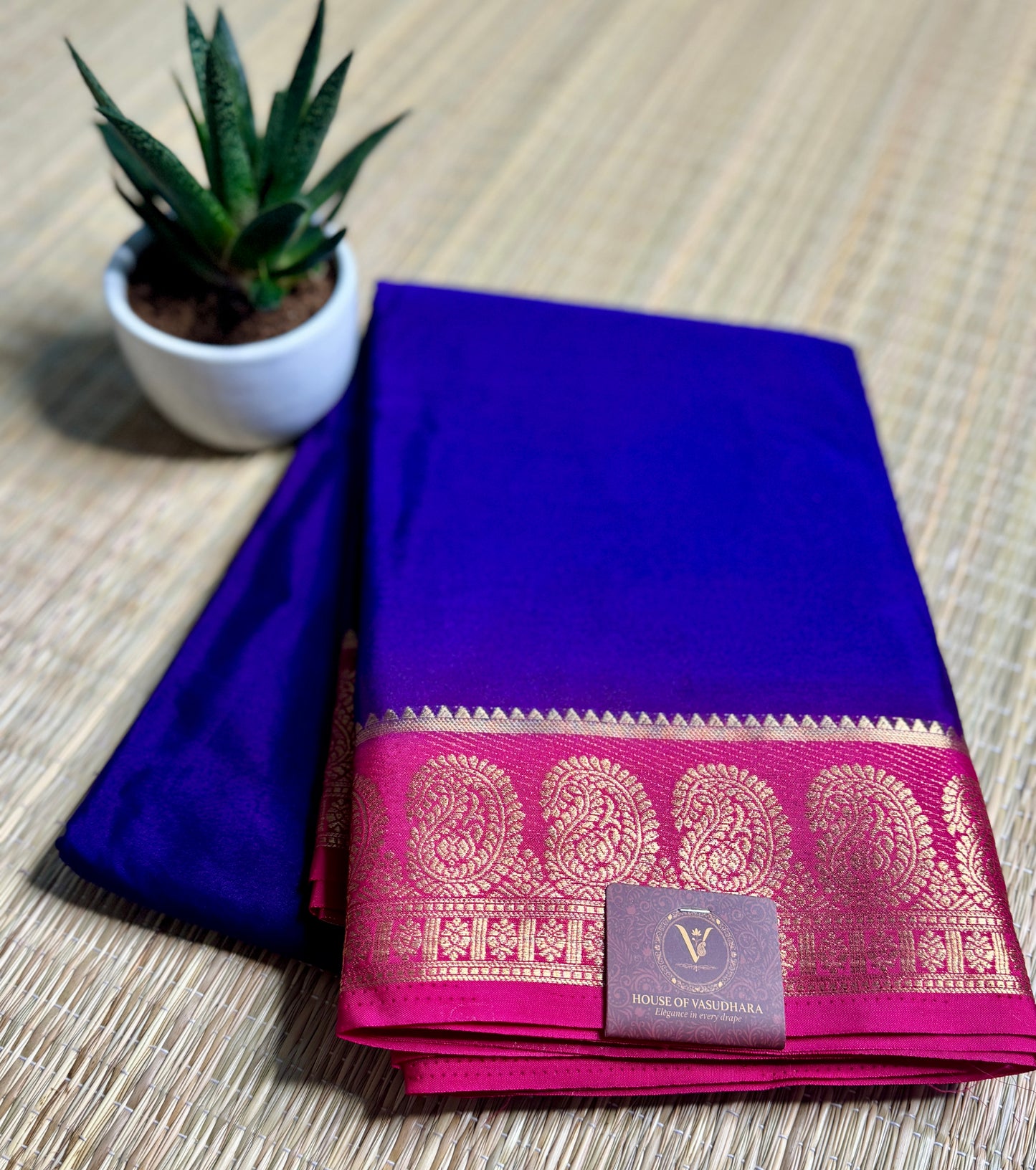 Royal Blue & Pink contrast Semi Mysore silk crepe
