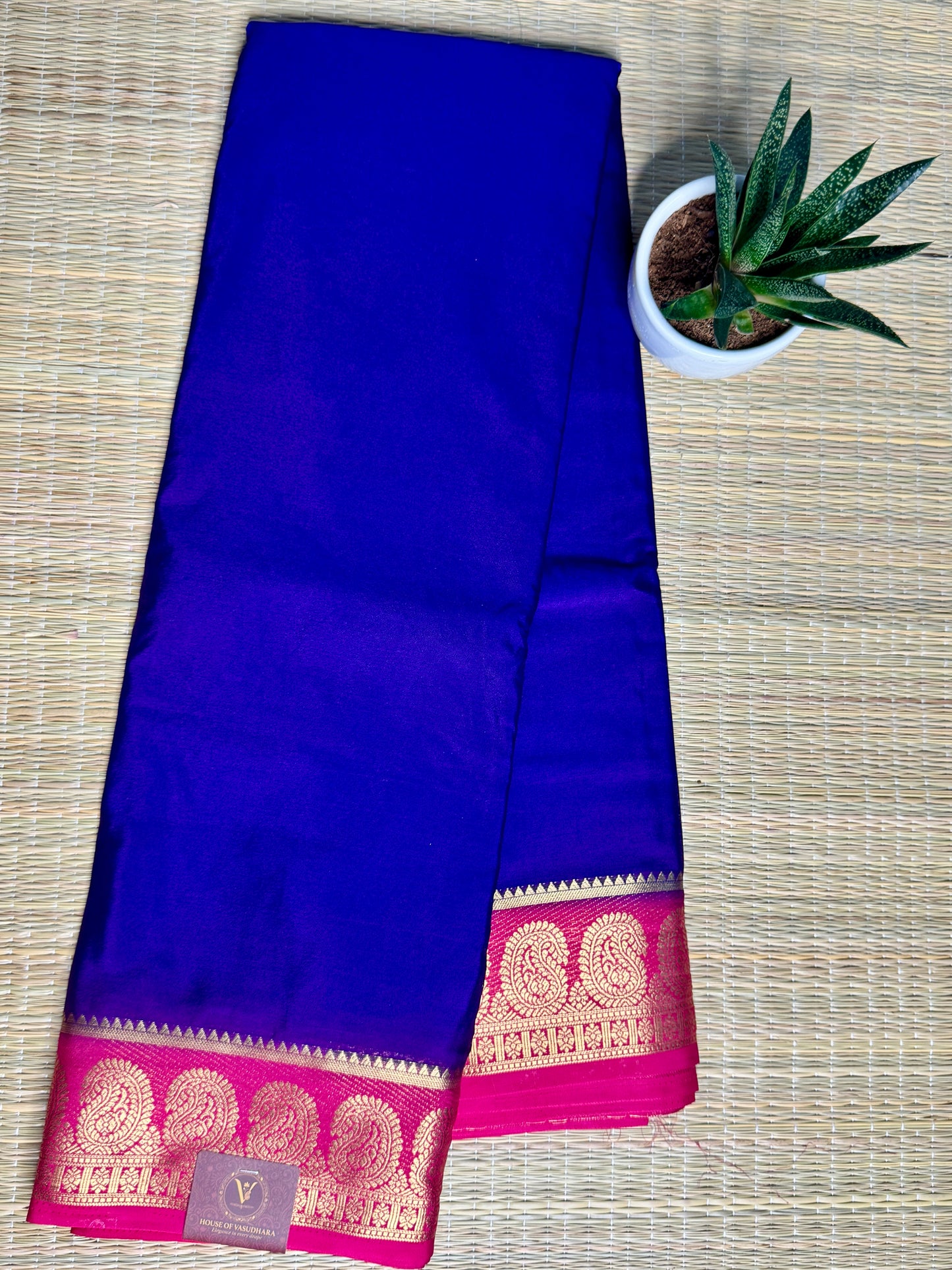 Royal Blue & Pink contrast Semi Mysore silk crepe