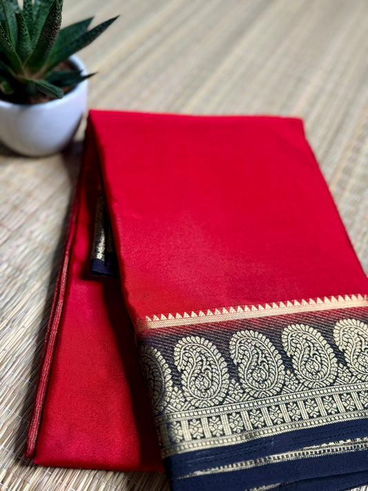 Red & Black contrast Semi Mysore silk crepe