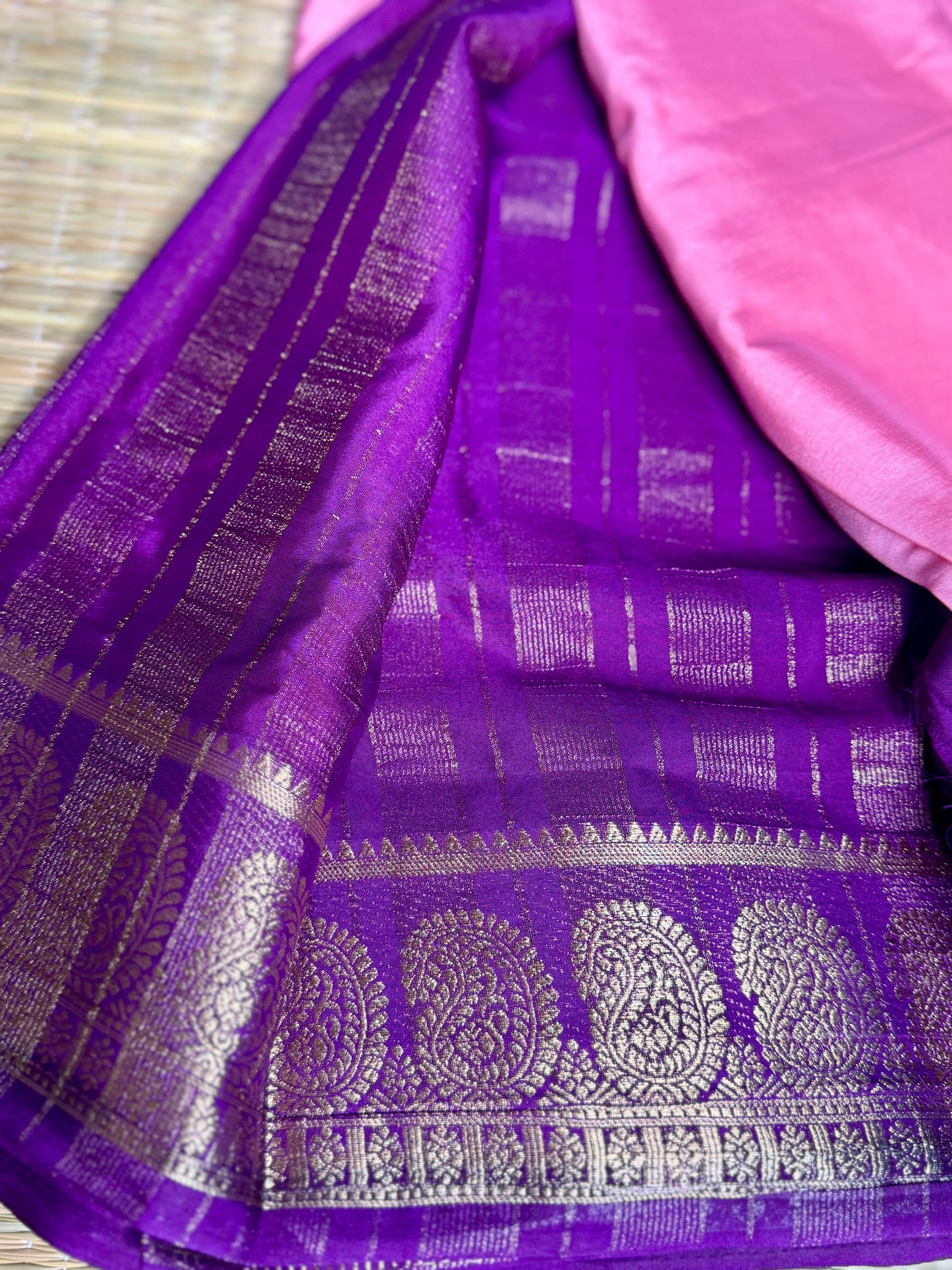 Baby Pink & Purple contrast Semi Mysore silk crepe