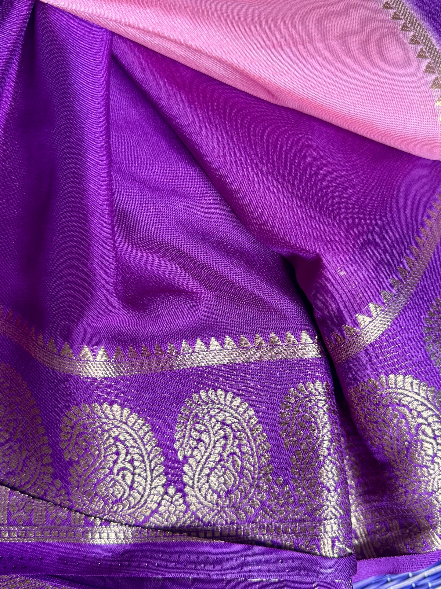Baby Pink & Purple contrast Semi Mysore silk crepe