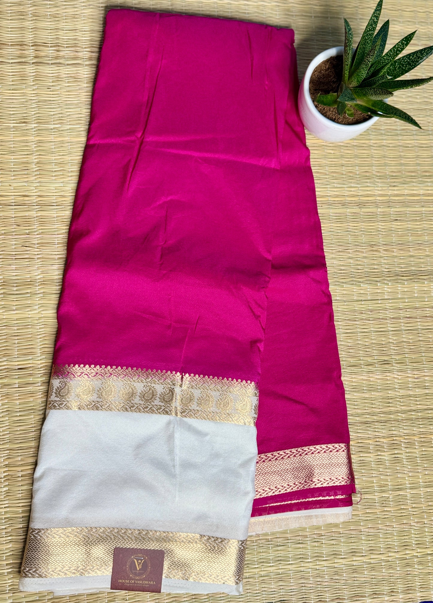 Rani Pink Semi Mysore silk crepe with Soft Cream Bentex border