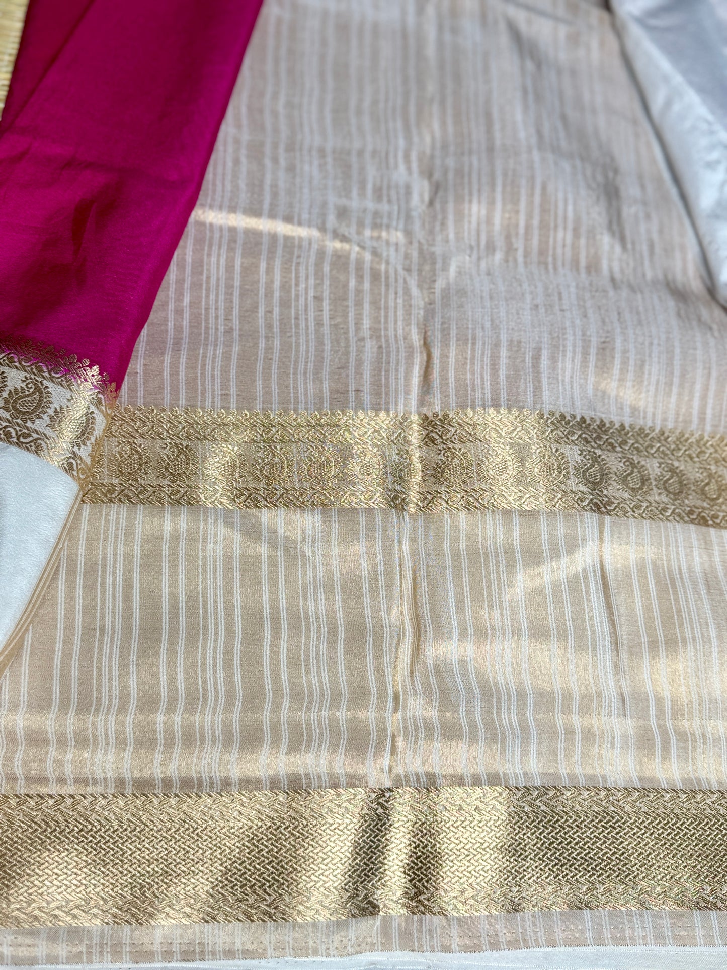 Rani Pink Semi Mysore silk crepe with Soft Cream Bentex border