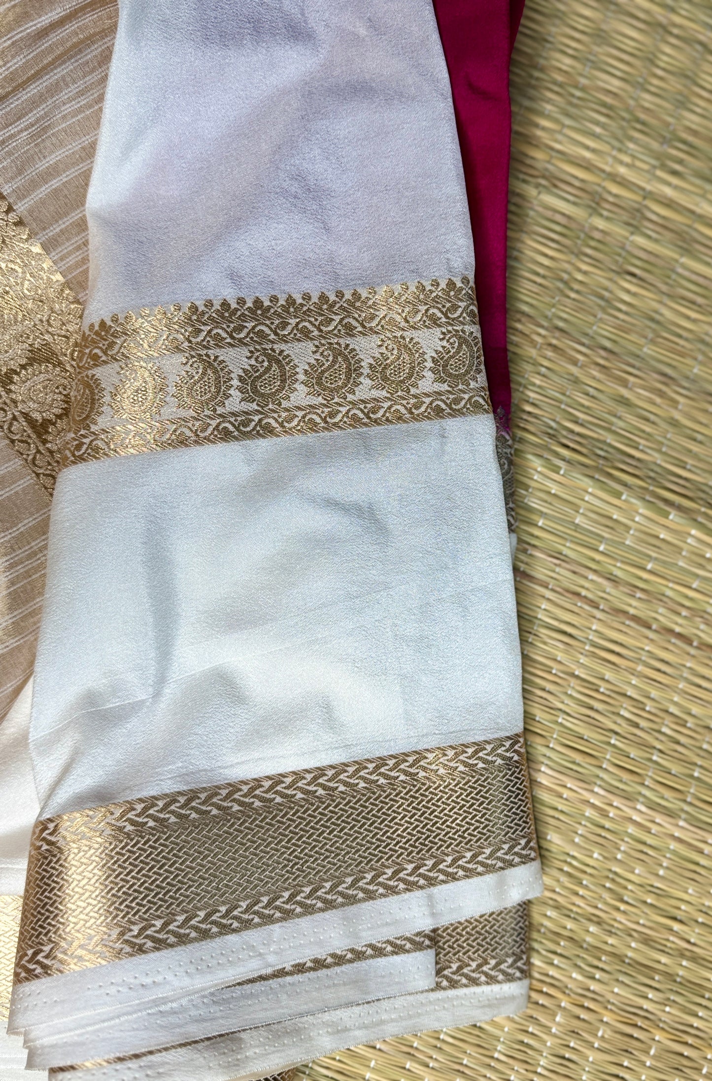Rani Pink Semi Mysore silk crepe with Soft Cream Bentex border