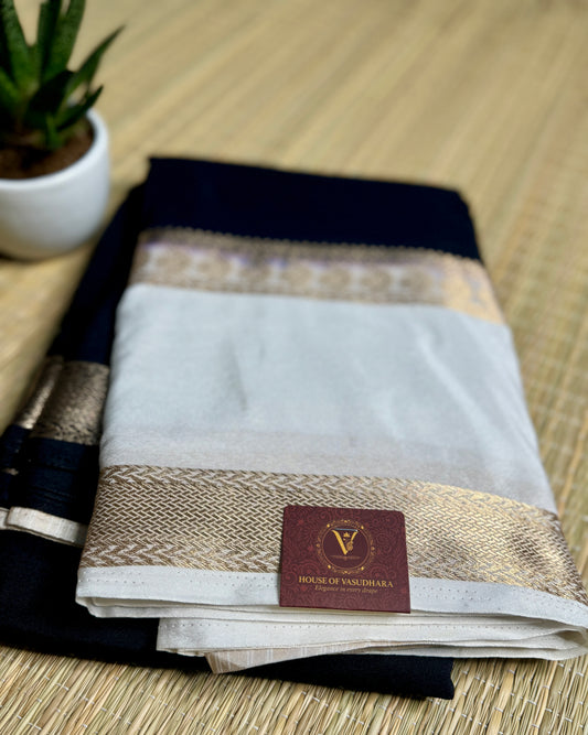 Black Semi Mysore silk crepe with White Bentex border