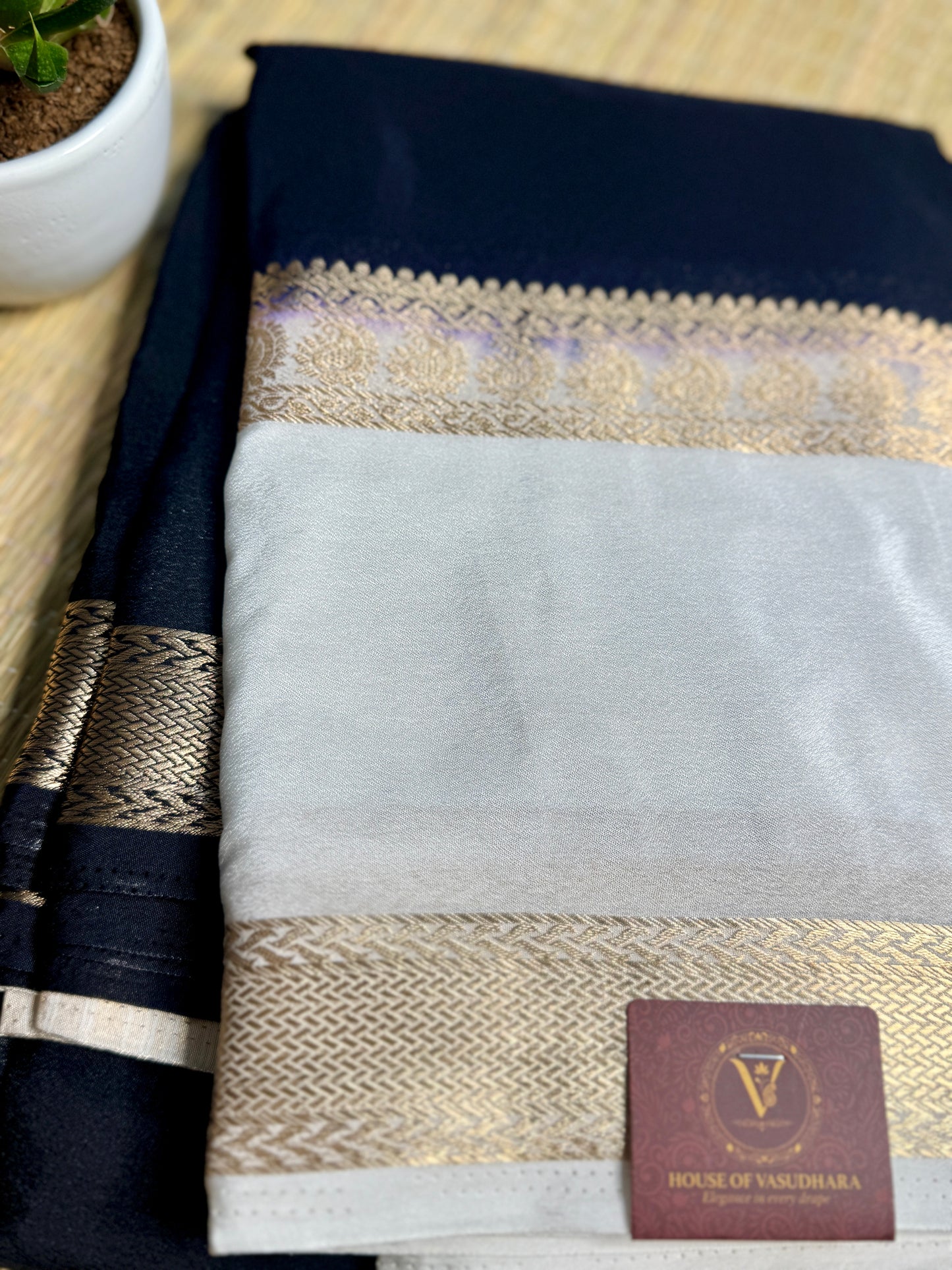 Black Semi Mysore silk crepe with White Bentex border