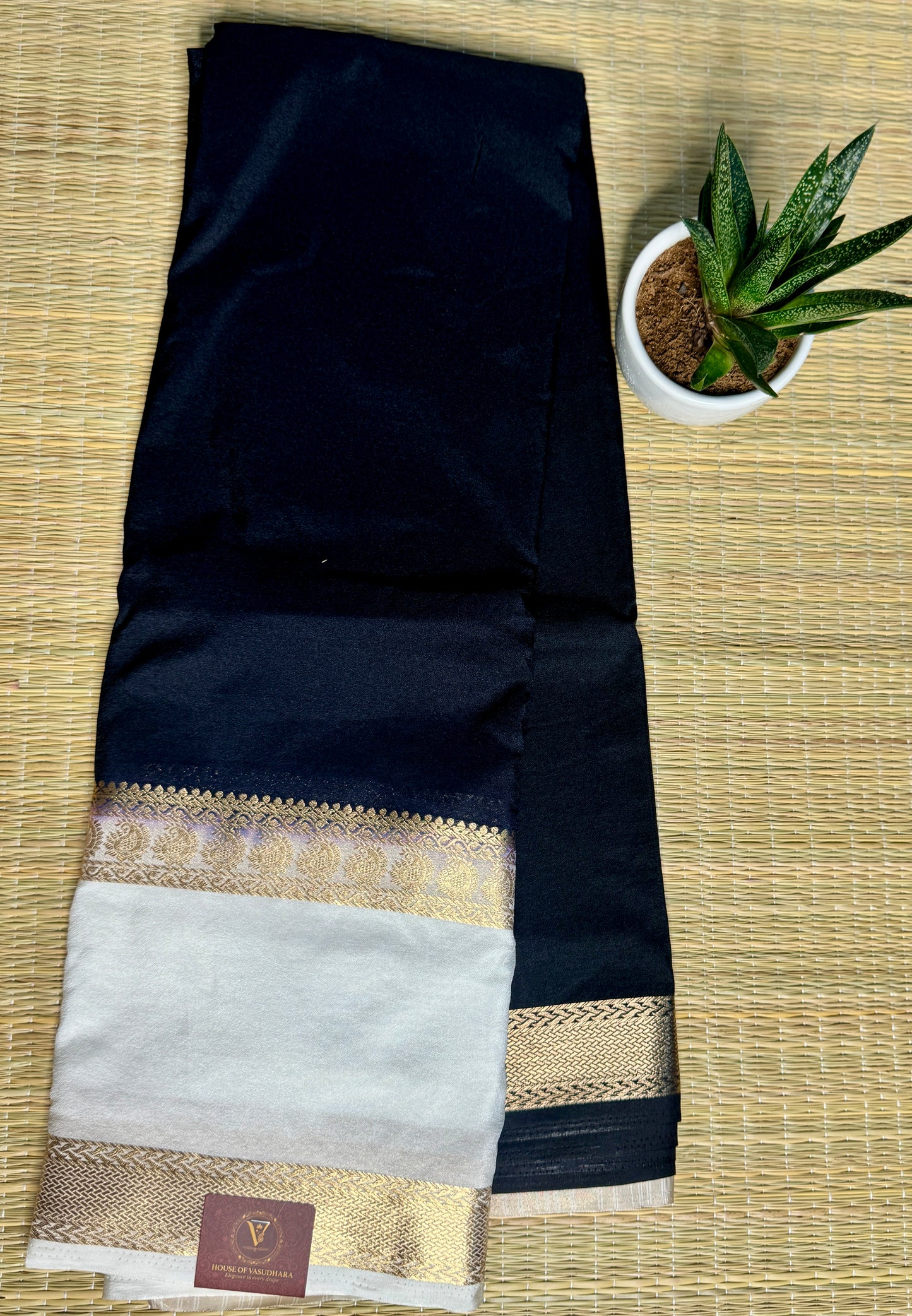Black Semi Mysore silk crepe with White Bentex border