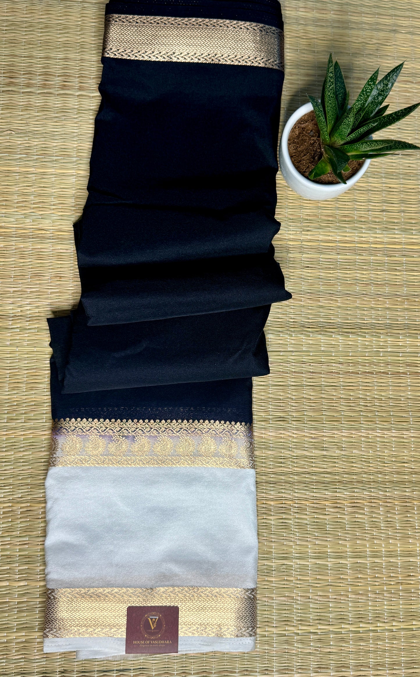 Black Semi Mysore silk crepe with White Bentex border